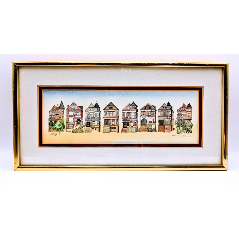 Martin Tang 1984 San Francisco Broderick St Painted Ladies Victorian Art Framed